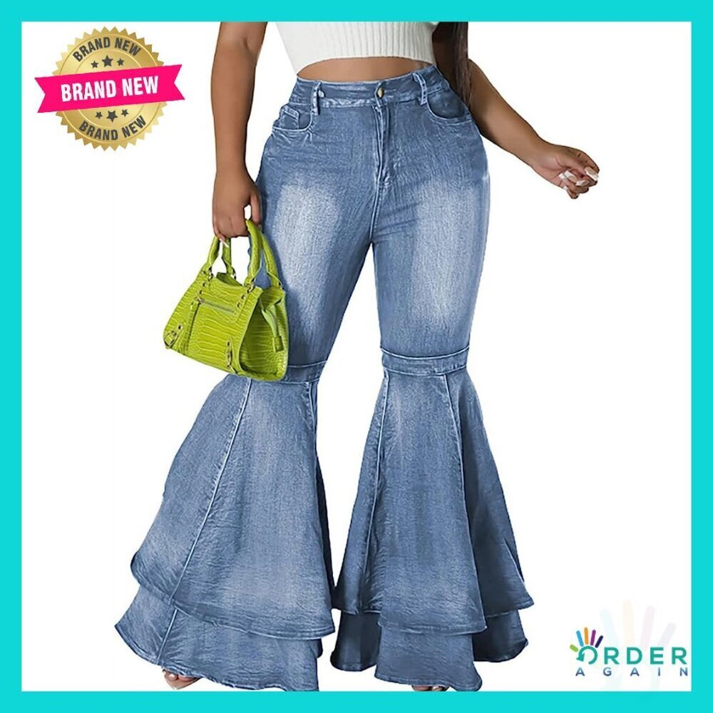 High Waist Bell Bottom Flare Jeans Patchwork Pleated Ruffle Hem Wide Leg